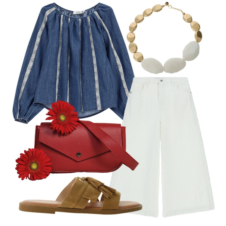 Outfit donna - Etnico con brio. Stile Etnico per Tutti i giorni. Abbinamento con sandali, bluse, pantaloni a palazzo, borse a tracolla, collane.