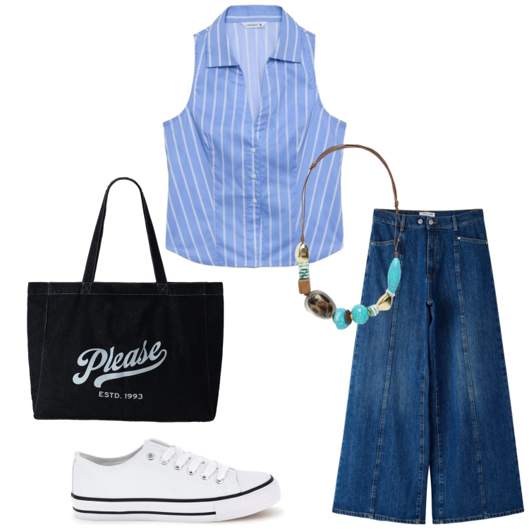 Outfit donna - Total look #2410642. Stile Sporty chic per Tutti i giorni. look ideale per Petite. Abbinamento con jeans, camicie a manica corta, shopping bag, collane, sneakers.