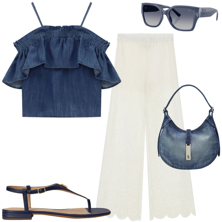 Outfit donna - Please Summer Mood. Stile Casual chic per Serata fuori. Abbinamento con top, pantaloni a palazzo, sandali in pelle, borse a spalla, occhiali da sole.