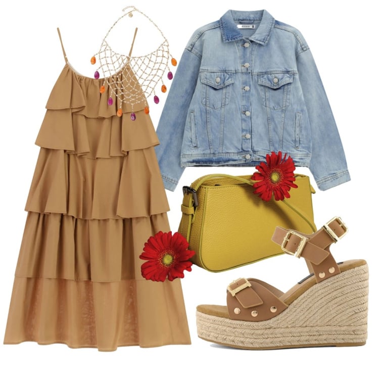 Outfit donna - L’abito con le balze. Stile Boho per Tutti i giorni. Abbinamento con blazer, vestiti lunghi, borse a spalla, collane, zeppe.