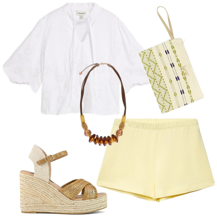 Outfit donna - Total look #2410650. Stile Glamour per Serata fuori. Abbinamento con tuniche, shorts, collane, zeppe, pochette.