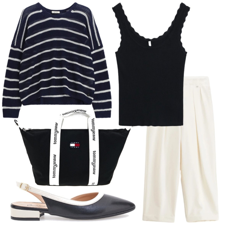 Outfit donna - Bon ton. Stile Bon Ton per Ufficio. Abbinamento con canottiere, maglieria, pantaloni, ballerine, shopping bag.
