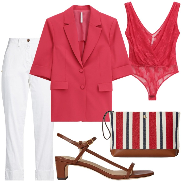 Outfit donna - Energia Fragola. Stile Bon Ton per Ufficio. Abbinamento con pantaloni, top, blazer, sandali in pelle, pochette.