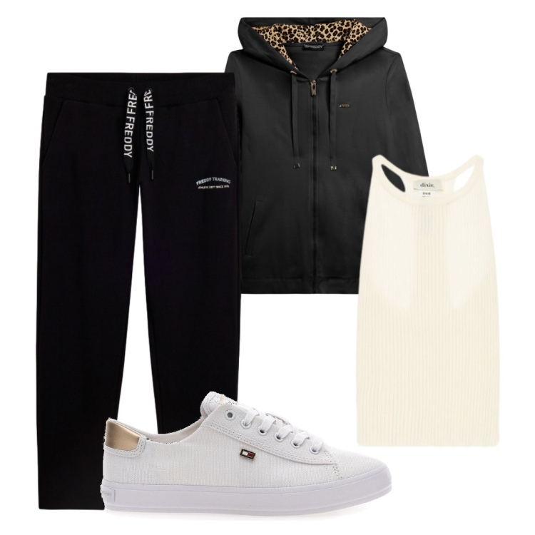 Outfit donna - Sporty in primavera. Stile Casual per Sport. Abbinamento con felpe con cappuccio, pantaloni, top, sneakers.