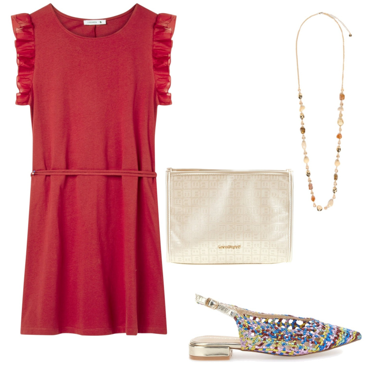 Outfit donna - Total look #2410657. Stile Chic per Tutti i giorni. Abbinamento con vestiti corti, collane, ballerine, pochette.