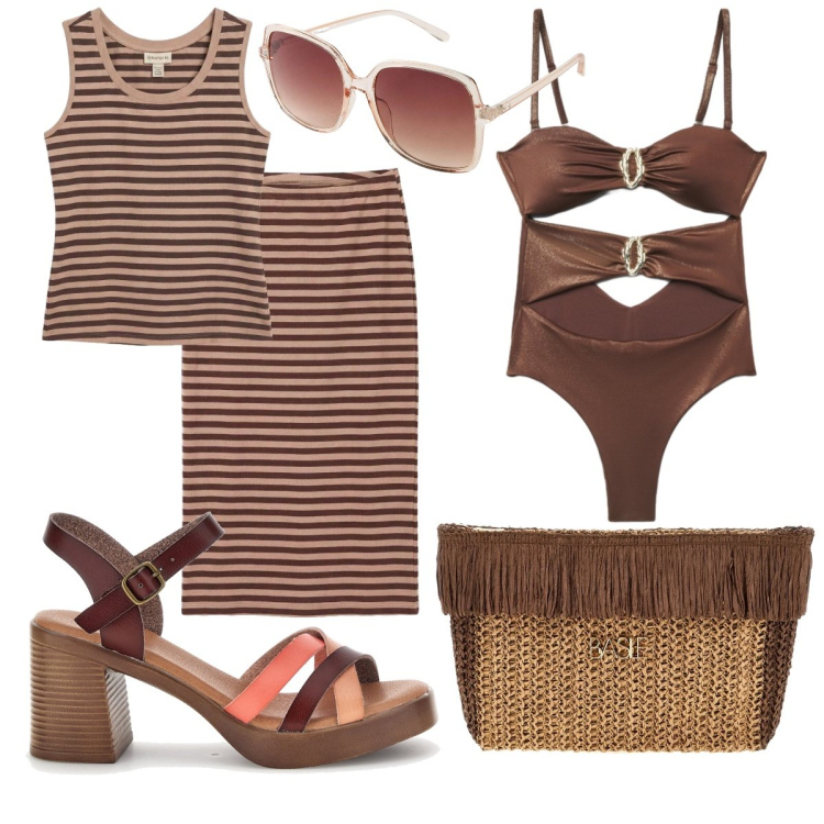 Outfit donna - Etnico in spiaggia. Stile Etnico per Mare. Abbinamento con tute, occhiali da sole, costumi interi, sandali col tacco, pochette.