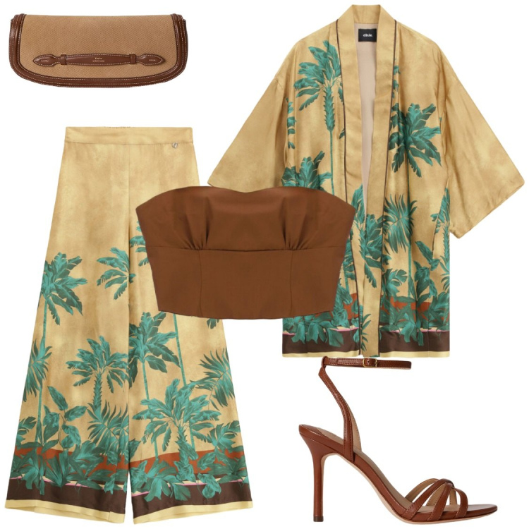 Outfit donna - Blazer in seta e sogni estivi. Stile Glamour per Serata fuori. Abbinamento con clutch, sandali in pelle, blazer, pantaloni a palazzo, top.