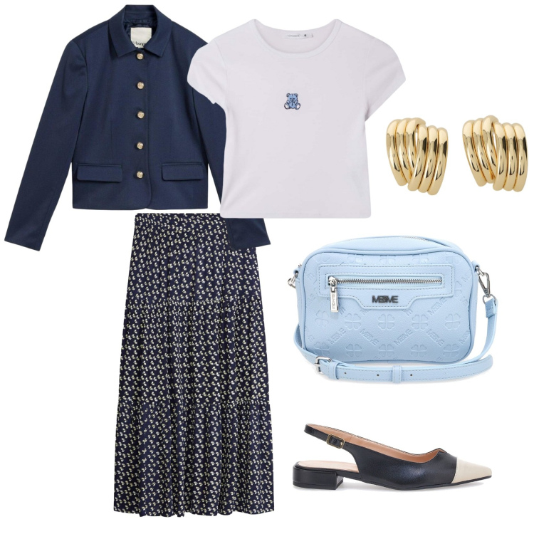 Outfit donna - Ballerine protagonista. per Ufficio. Abbinamento con gonne lunghe, blazer, t-shirt, orecchini, ballerine, borse a tracolla.