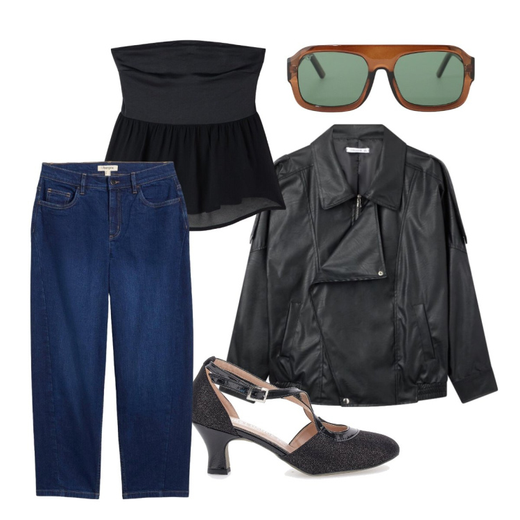 Outfit donna - Jeans scuri. Stile Rock per Tutti i giorni. Abbinamento con jeans, top, giacche, occhiali da sole, décolleté.