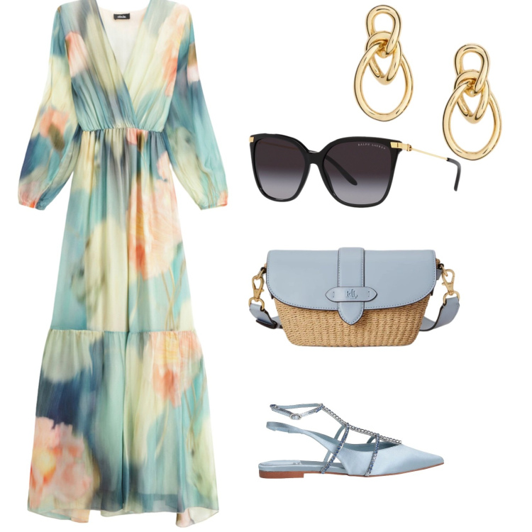 Outfit donna - Cerimonia in ballerina. per Cerimonia. Abbinamento con ballerine, vestiti lunghi, occhiali da sole, borse a spalla, orecchini.