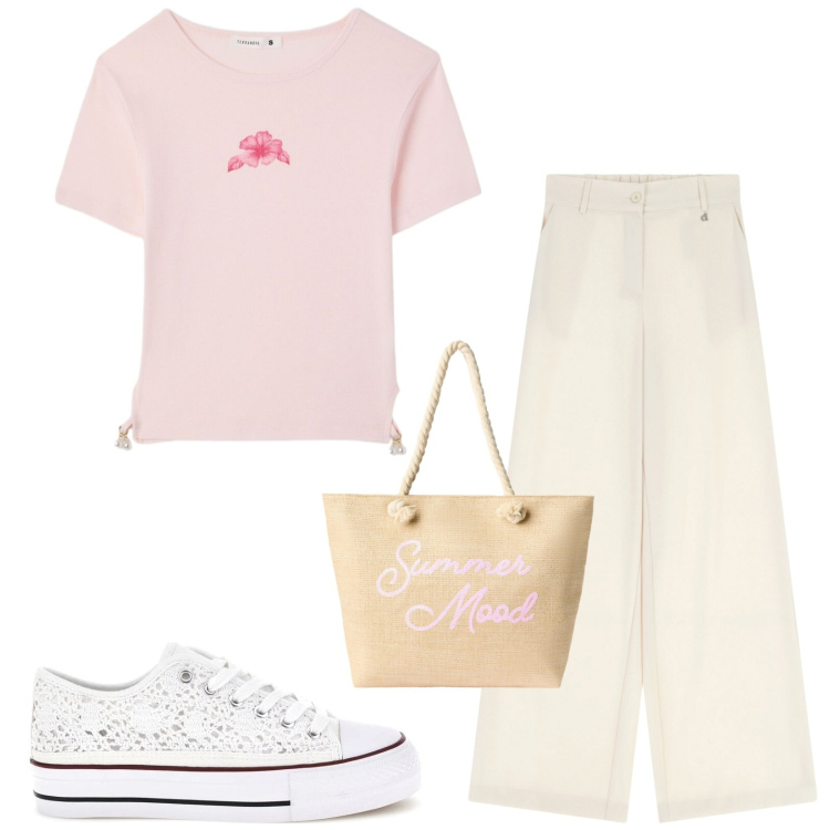Outfit donna - Total look #2410668. Stile Basic per Tutti i giorni. Abbinamento con t-shirt, borse tote, pantaloni a palazzo, sneakers.