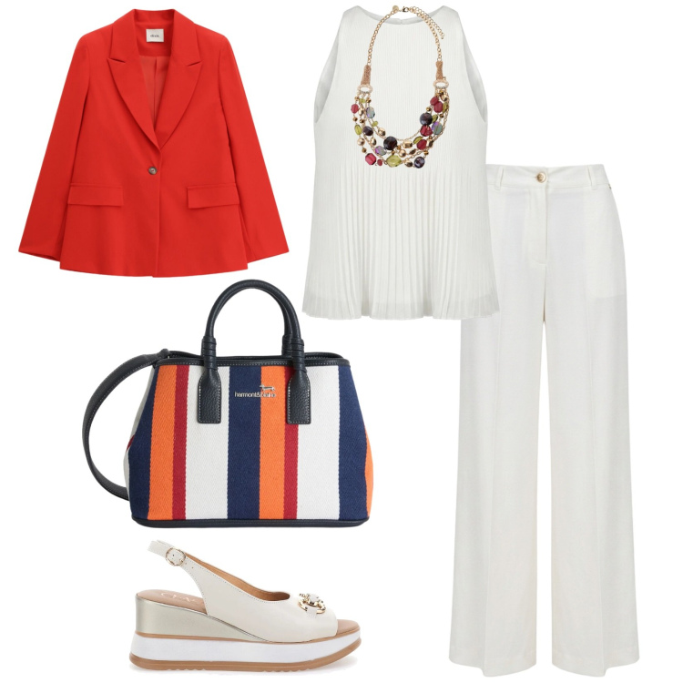 Outfit donna - blazer colorato. per Tutti i giorni. Abbinamento con canottiere, pantaloni a palazzo, shopping bag, blazer, collane, sandali in pelle.