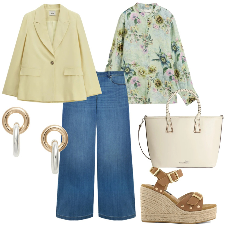Outfit donna - Blazer e blusa. per Tutti i giorni. Abbinamento con bluse, shopping bag, blazer, jeans, orecchini, zeppe.