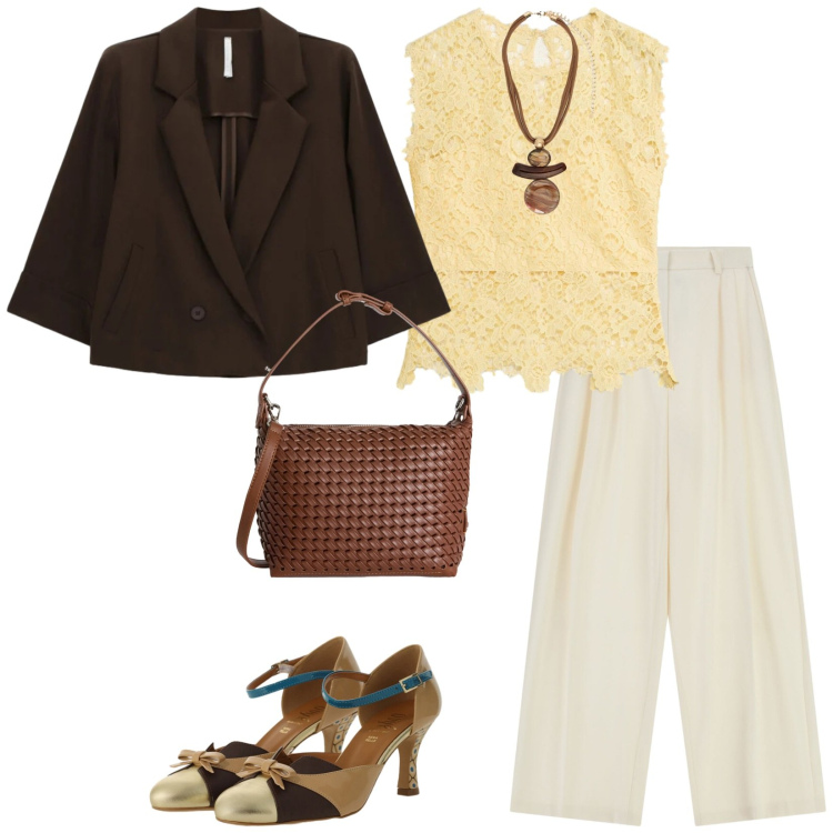 Outfit donna - Giallo a giugno. per Ufficio. Abbinamento con canottiere, blazer, pantaloni a palazzo, borse a spalla, décolleté, ciondoli.