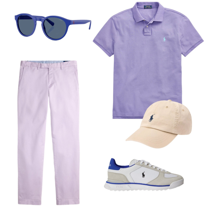 Outfit uomo - Lavender Preppy Style. Stile Trendy per Tutti i giorni. Abbinamento con occhiali da sole, polo, sneakers, pantaloni, cappelli con visiera.