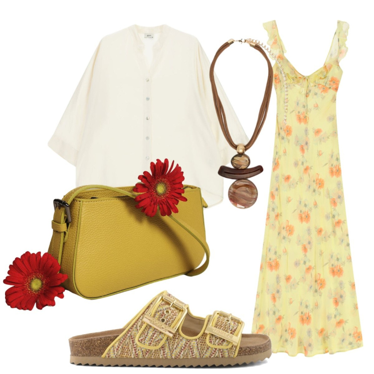 Outfit donna - Giallo: energia e calore. Stile Romantica per Serata fuori. Abbinamento con vestiti lunghi, borse a spalla, camicie, ciondoli, sandali.