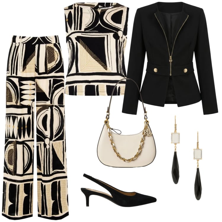 Outfit donna - Cerimonia a giugno. per Cerimonia. Abbinamento con pantaloni a palazzo, top, blazer, borse a spalla, orecchini, décolleté.