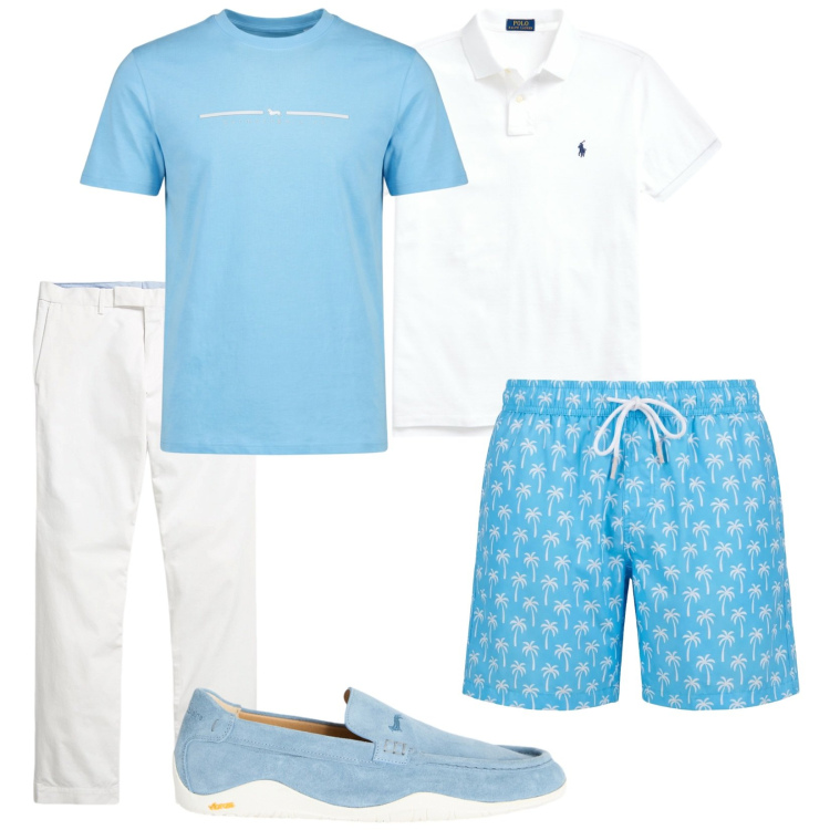 Outfit uomo - In barca. Stile Trendy per Mare. Abbinamento con scarpe stringate, t-shirt sportive, costumi, pantaloni chino, polo.