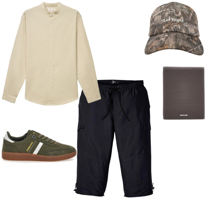Outfit uomo - Fresco d\'estate. per Tutti i giorni. Abbinamento con pantaloni capri, camicie, cappelli con visiera, portafogli, sneakers.