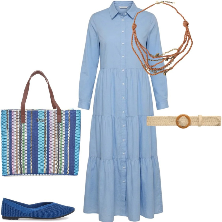 Outfit donna - Fresco cotone. Stile Boho per Tutti i giorni. Abbinamento con cinture, vestiti chemisier, collane, shopping bag, ballerine.