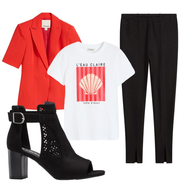 Outfit donna - Conchiglie di città. Stile Glamour per Ufficio. Abbinamento con blazer, sandali col tacco, t-shirt, pantaloni.