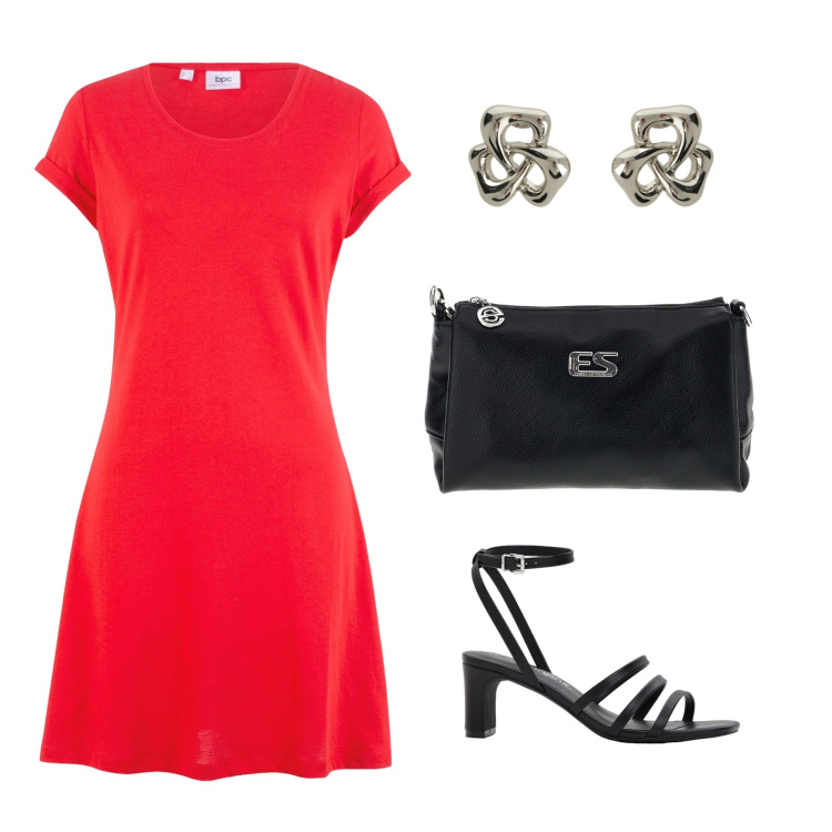 Outfit donna - Rosso il colore dell\'estate. Stile Basic per Serata fuori. Abbinamento con vestiti, sandali col tacco, orecchini, borse a tracolla.