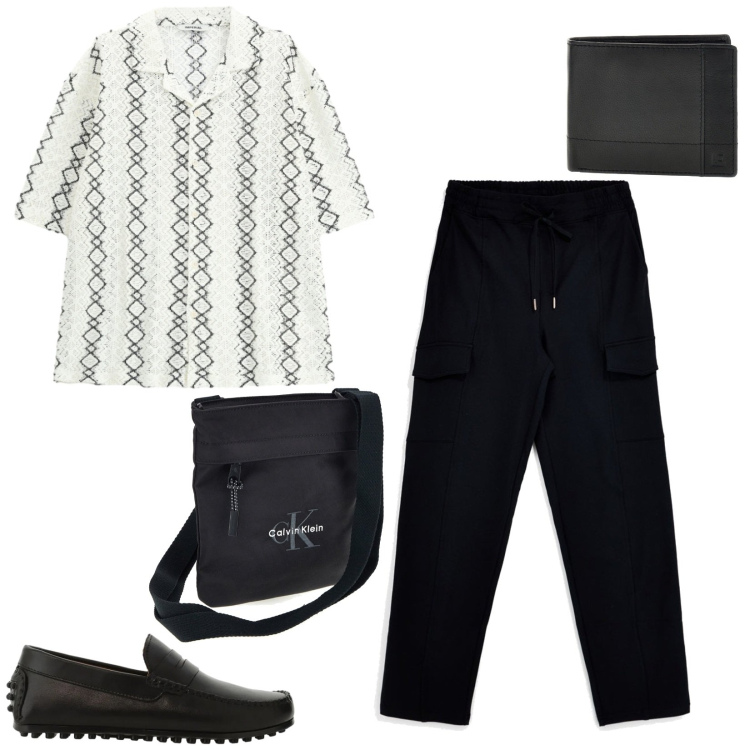 Outfit uomo - Serate fresche. per Serata speciale. Abbinamento con scarpe stringate, camicie a manica corta, pantaloni cargo, portafogli, borse sportive.
