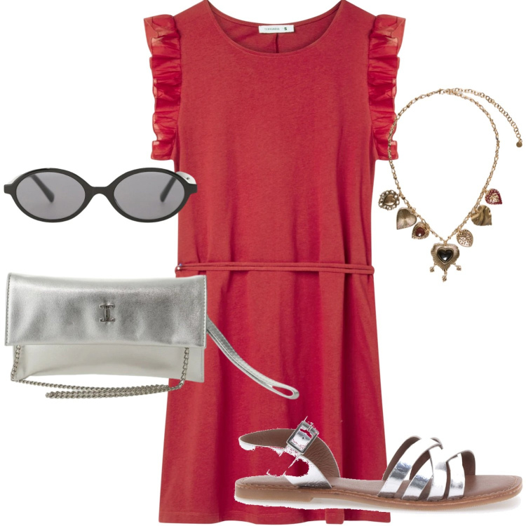Outfit donna - Pranzo al mare. Stile Basic per Tutti i giorni. Abbinamento con vestiti corti, occhiali da sole, borse a tracolla, collane, sandali in pelle.
