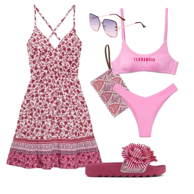 Outfit donna - Pink Summer Dream. Stile Romantica per Mare. Abbinamento con occhiali da sole, vestiti corti, bikini, bikini, ciabatte, pochette.