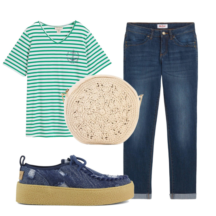 Outfit donna - Total look #2410737. Stile Minimal per Tutti i giorni. Abbinamento con jeans dritti, t-shirt, borse a tracolla, scarpe stringate.
