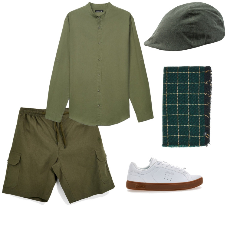 Outfit uomo - Aperitivo in montagna. per Serata speciale. Abbinamento con camicie, cappelli con visiera, sciarpe, sneakers, bermuda.