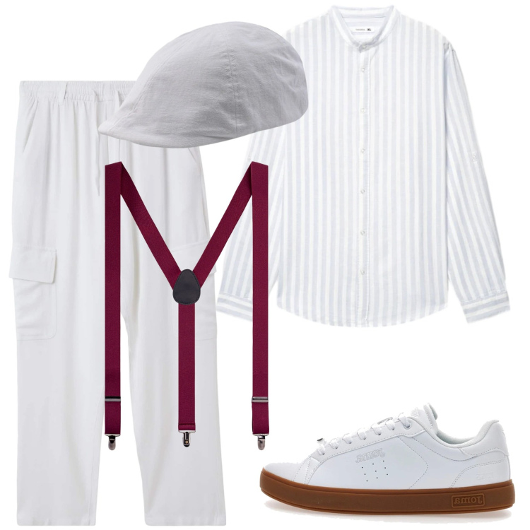 Outfit uomo - Bianco estivo. Stile Casual per Tutti i giorni. Abbinamento con pantaloni cargo, camicie, bretelle, cappelli con visiera, sneakers.