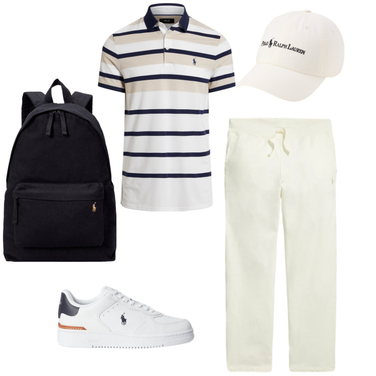 Outfit uomo - Bianco. per Ufficio. Abbinamento con sneakers, borse sportive, pantaloni, polo, cappelli.