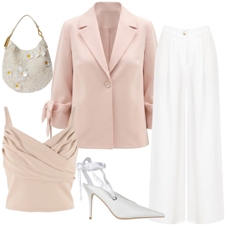 Outfit donna - Cerimonia a giugno. Stile Chic per Cerimonia. Abbinamento con décolleté, canottiere, blazer, pantaloni a palazzo, pochette.