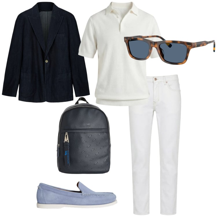 Outfit uomo - Serata in barca. per Serata speciale. Abbinamento con giacche, jeans, borse sportive, polo, scarpe stringate, occhiali da sole.