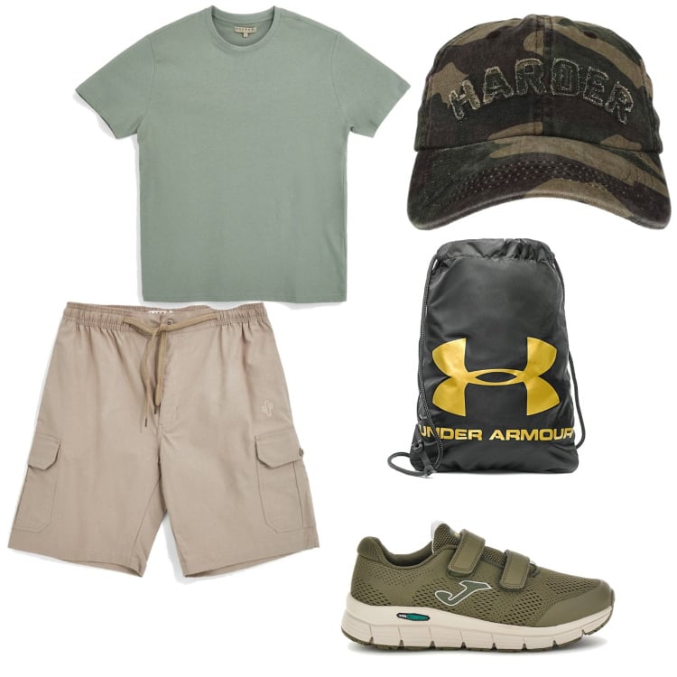 Outfit uomo - In campagna. per Tutti i giorni. Abbinamento con cappelli con visiera, borse sportive, sneakers, t-shirt, bermuda.