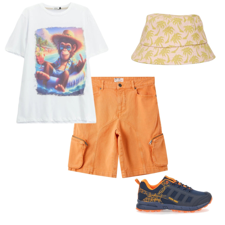 Outfit uomo - Orange Explorer. Stile Trendy per Mare. Abbinamento con cappelli con visiera, pantaloni corti, t-shirt, sneakers.