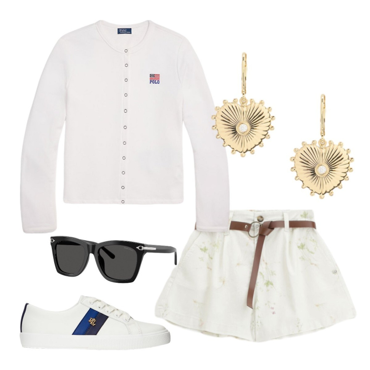 Outfit donna - Giugno RL. Stile Sporty chic per Tutti i giorni. Abbinamento con shorts, sneakers, cardigans, occhiali da sole, orecchini.