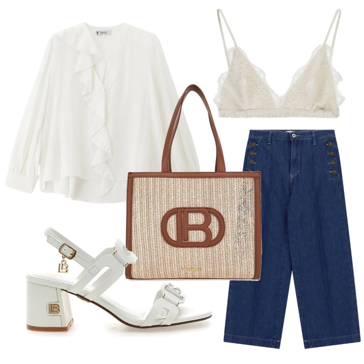 Outfit donna - Serata con le amiche. Stile Chic per Serata fuori. Abbinamento con reggiseni, jeans, bluse, sandali col tacco, borse a spalla.