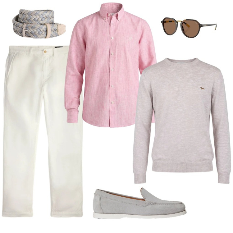 Outfit uomo - G. Fresco-lino. Stile Casual per Tutti i giorni. Abbinamento con pullovers, camicie, cinture, pantaloni, scarpe stringate, occhiali da sole.