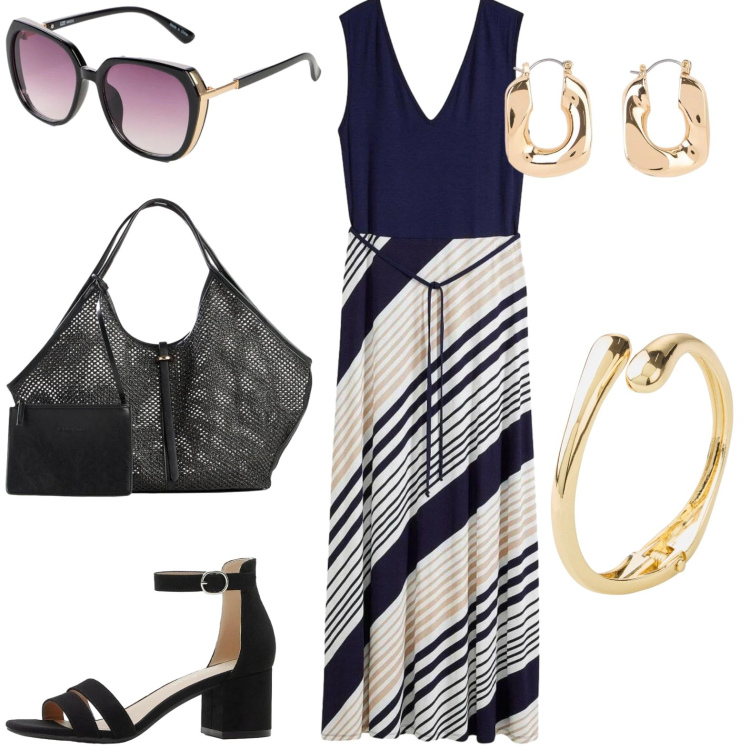 Outfit donna - Cena di fine anno. Stile Chic per Serata fuori. Abbinamento con vestiti lunghi, sandali col tacco, braccialetti, shopping bag, orecchini, occhiali da sole.