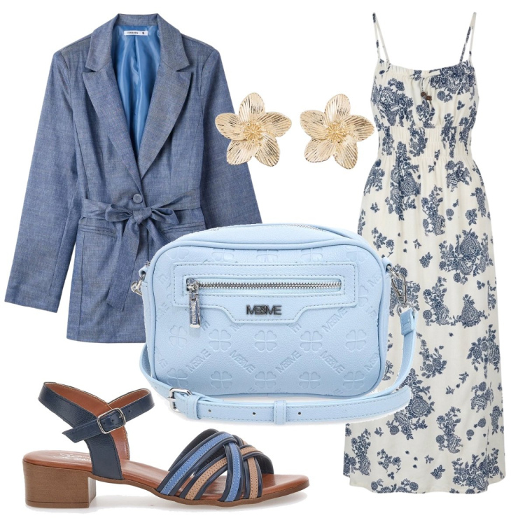 Outfit donna - Il blazer perfetto. Stile Bon Ton per Ufficio. Abbinamento con orecchini, vestiti lunghi, blazer, sandali col tacco, borse a tracolla.
