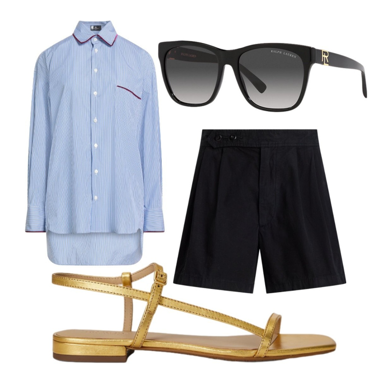 Outfit donna - Accattivante curvy. Stile Urban per Serata fuori. Abbinamento con camicie, occhiali da sole, sandali in pelle, shorts.