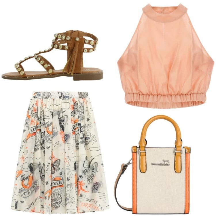 Outfit donna - Total look #2410787. Stile Casual per Tutti i giorni. Abbinamento con sandali, borse tote, top, gonne longuette.