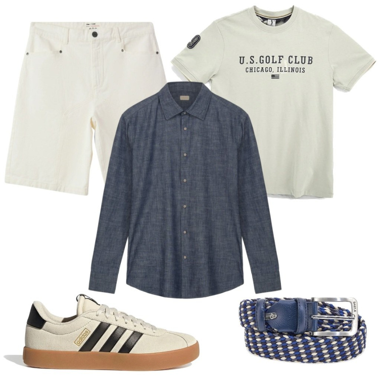 Outfit uomo - G. Camicia aperta, maniche arrotolate. Stile Trendy per Serata speciale. Abbinamento con bermuda, camicie, t-shirt, cinture, sneakers.