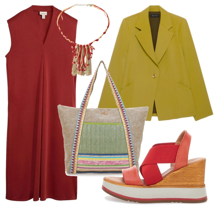 Outfit donna - Etnico facile. Stile Etnico per Ufficio. Abbinamento con vestiti, cappotti, blazer, sandali col tacco, shopping bag.