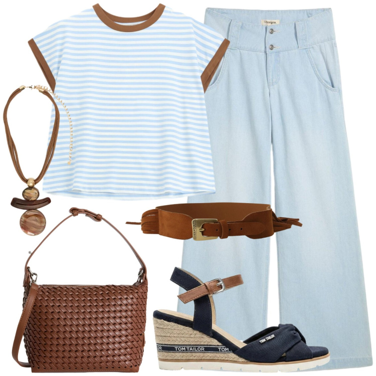Outfit donna - City life summer mood. Stile Casual chic per Tutti i giorni. Abbinamento con jeans, sandali col tacco, borse a spalla, top, cinture, ciondoli.