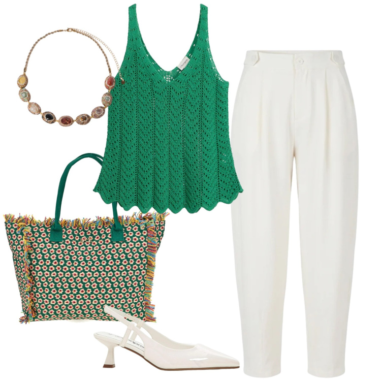 Outfit donna - emerald green. Stile Casual chic per Ufficio. Abbinamento con canottiere, décolleté, pantaloni, collane, shopping bag.