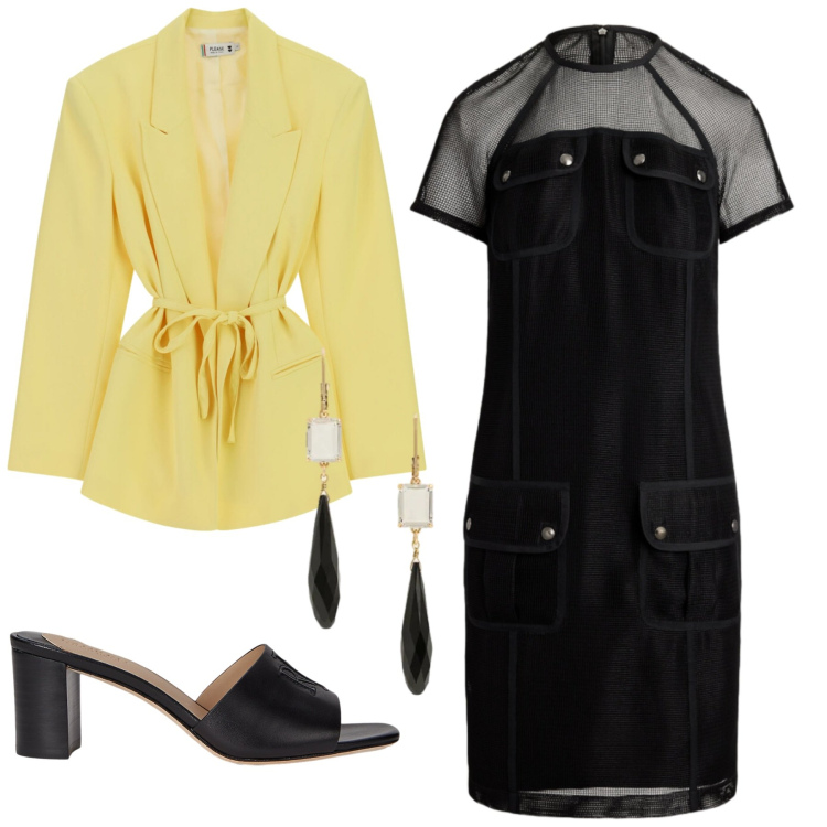 Outfit donna - Total look #2410802. Stile Romantica per Cerimonia. Abbinamento con blazer, vestiti, sandali in pelle, orecchini.