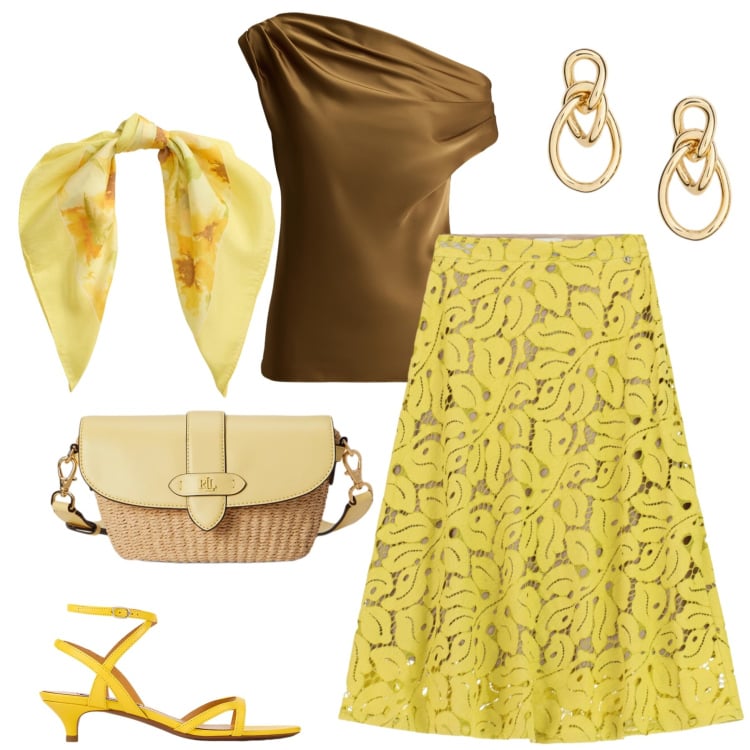 Outfit donna - nuance of yellow. Stile Casual chic per Ufficio. Abbinamento con gonne longuette, sandali col tacco, top, borse a tracolla, foulard, orecchini.